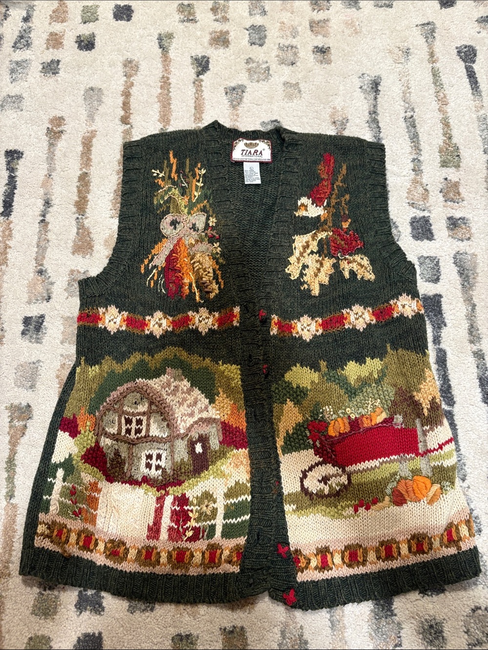 Vintage Tiara Ladies Dark Green Autumn Harvest Intarsia Cardigan Vest